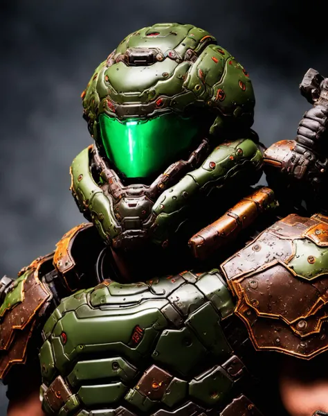 award winning portrait of a man in a green and brown armor, the only thing they fear is you, rip and tear until it is done, he is doom, the slayer's time is now, close up, 80mm, f/1.8, dslayer, <lora:DOOM21:1>