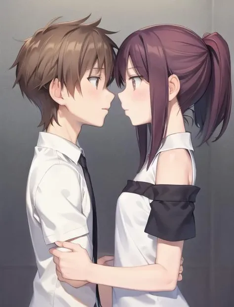 <lyco:InminentKiss-08:0.7> InminentKiss, 1girl, short hair, brown hair, shirt, 1boy, bare shoulders, white shirt, upper body, ponytail, short sleeves, hetero, sleeveless, looking at another, from side, profile, couple, eye contact