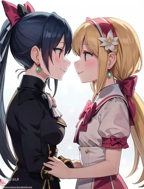 <lyco:InminentKiss-08:0.7> InminentKiss, long hair, smile, short hair, multiple girls, blonde hair, hair ornament, bow, ribbon, 2girls, twintails, jewelry, hair ribbon, pink hair, flower, hair bow, hairband, earrings, artist name, yuri, looking at another, profile, watermark, parody, eye contact