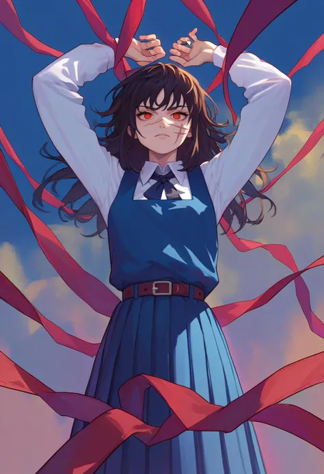 score_9, score_8_up, score_7_up, source_anime, rating questionable, spread arms, <lora:csm_yoru_ponyXL:.95> csmyoru, scar on face, yellow / red eyes, ringed eyes, school uniform, pinafore dress, white shirt, ribbon, long sleeves, belt