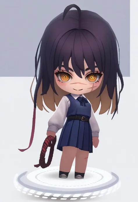 score_9, score_8_up, score_7_up, source_anime, chibi, full body, solo, 1girl, csmyoru, evil smile, standing, scar on face, yellow eyes, ringed eyes, school uniform, pinafore dress, white shirt, ribbon, long sleeves, belt <lora:chibi-nikke-richy-v1_pdxl:1> <lora:csm_yoru_ponyXL:1>