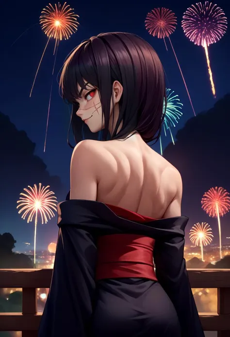 score_9, score_8_up, score_7_up, source_anime, from behind, solo, 1girl, csmyoru, scar on face, smirk, looking back, red eyes, ringed eyes, black kimono, red sash, off shoulder, bare shoulders, fireworks <lora:csm_yoru_ponyXL:1>