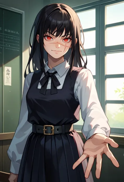 score_9, score_8_up, score_7_up, source_anime, solo, 1girl, csmyoru, scar on face, evil smile, looking at viewer, hand on own cheek, red eyes, ringed eyes, school uniform, pinafore dress, white shirt, ribbon, long sleeves, belt, indoors, hallway <lora:csm_yoru_ponyXL:1>