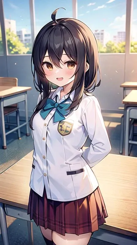1girl,solo,school uniform,red jacket,brown skirt,plaid skirt,pleated skirt,school bag,bowtie,white thighhighs,hair ribbon,
blonde hair,brown hair,short hair,short hair with long locks,twin braids,sidelocks,ahoge,
brown eyes,smile,
looking at viewer,standing,
indoors,classroom,school desk,
