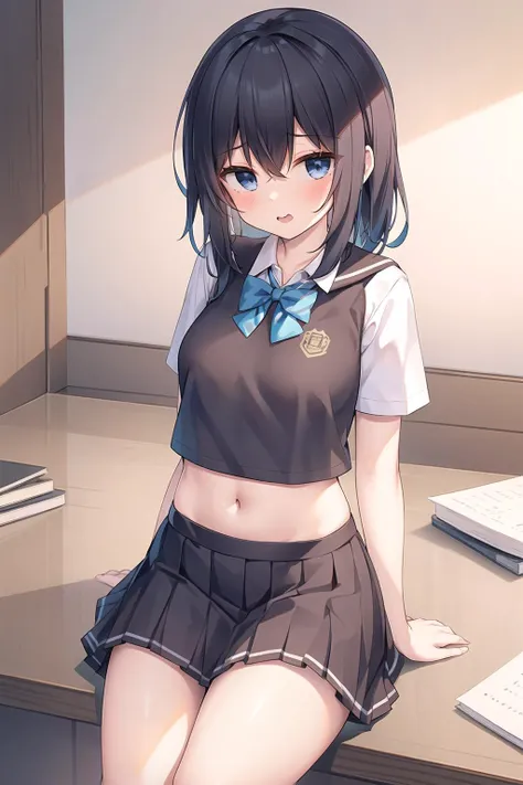 1girl, skirt, solo, blue hair, sitting, hair ornament, shirt, blue eyes, white shirt, hairclip, bow, chair, tying hair, black skirt, ponytail, short sleeves, pleated skirt, red bow, hair tie in mouth, mouth hold, bowtie, looking at viewer, school uniform, blush, red bowtie, hair tie, bangs, arms up, long hair, collared shirt, indoors, midriff peek, hair between eyes, thighs, on chair