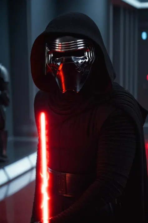 cinematic film still kylo ren, lightsaber, helmet, hood, at museum <lora:Kylo_Ren_XL:0.8> . shallow depth of field, vignette, highly detailed, high budget Hollywood  by alejandro gonzález iñárritu, bokeh, cinemascope, moody, epic, gorgeous, film grain, grainy