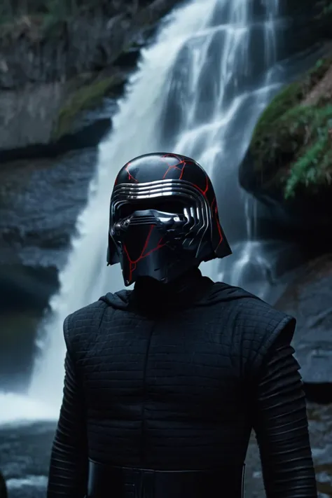 cinematic film still kylo ren, broken helmet, at waterfall<lora:Kylo_Ren_XL:0.8> . shallow depth of field, vignette, highly detailed, high budget Hollywood  by terrence malick, bokeh, cinemascope, moody, epic, gorgeous, film grain, grainy