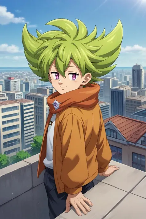 score_9, score_8_up, score_7_up, source_anime, rating_safe, intricate details, , , , 1boy, solo, male focus, <lora:percival_nnt_mny_pony:0.9>, percival_nnt_mny, green hair, purple eyes, spiked hair, hair between eyes, bangs, straight-on, full body, rooftop, tokyo \(city\), building, skyscraper, day, sunny, looking back, half-closed eyes, smile, , <lora:sdxl_lightning_8step_lora:1>