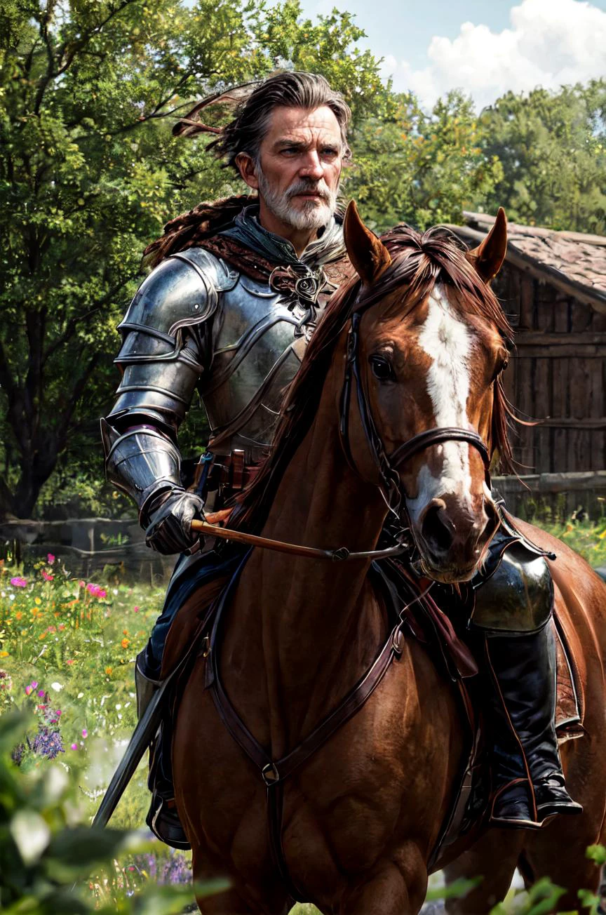 HDR, 8K resolution, intricate detail, sophisticated detail, depth of field, photorealistic, sharp focus, 1man, old man, wrinkles, skin wrinkles texture, middle earth, Knight Charging into battle on horseback, wielding a lance and clad in heavy armor, Champion, Tall, In Shape, Oval Face, Dark Skin, Chestnut Hair, Blue Eyes with Green Flecks, Short Nose, Thick Lips, Round Chin, Old Dutch, Bald, Dreadlocks, An enchanted meadow, with colorful flowers and magical creatures roaming free, Tolkien, <lora:add_detail:0.85>,