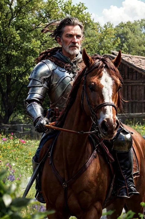 HDR, 8K resolution, intricate detail, sophisticated detail, depth of field, photorealistic, sharp focus, 1man, old man, wrinkles, skin wrinkles texture, middle earth, Knight Charging into battle on horseback, wielding a lance and clad in heavy armor, Champion, Tall, In Shape, Oval Face, Dark Skin, Chestnut Hair, Blue Eyes with Green Flecks, Short Nose, Thick Lips, Round Chin, Old Dutch, Bald, Dreadlocks, An enchanted meadow, with colorful flowers and magical creatures roaming free, Tolkien, <lora:add_detail:0.85>,