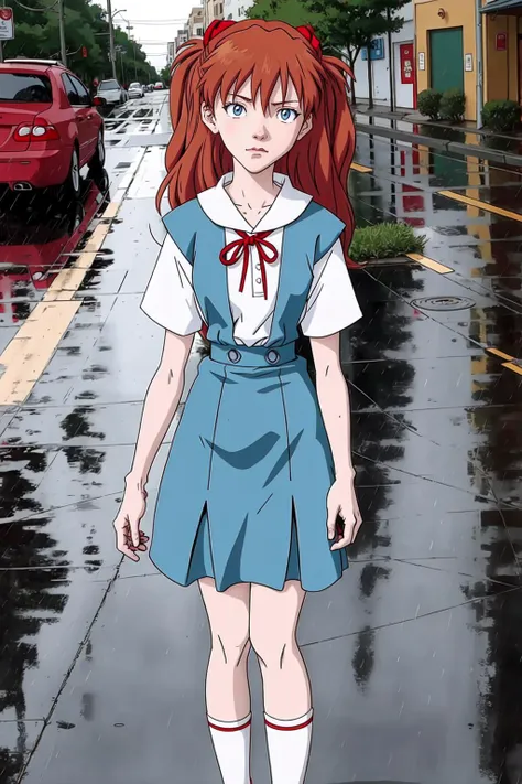 (flat anime style:1.2), cartoon, cityscape,(1girl), souryuuasukalangley, red hair, morning, raining, downpour, full body, centered, street, red ribbon, uncovered head, looking at viewer, white_socks, mary_janes, white shirt, short sleeves, knee-high skirt, suspender skirt, wet clothes, wet hair, extremely detailed face, perfect hands, <lora:asukaLangleySohryu_v9:1.0> <lora:style_iraMerge_toonExtension:0.95>