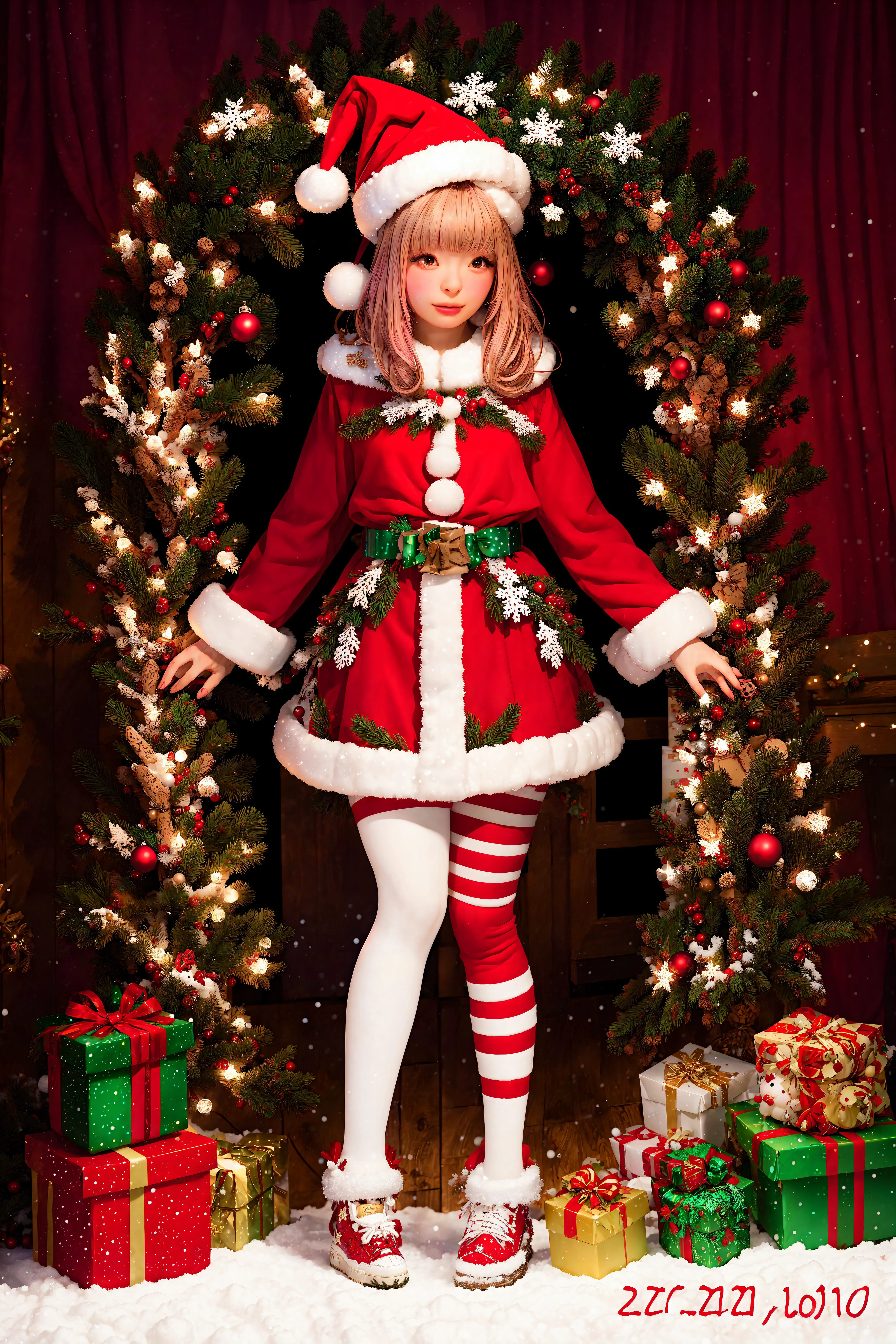 <lora:PamyurinV2:0.8> pamyurin, 1girl, fake eyelashes, long eyelashes, blush, Christmas, christmas tree, snow, christmas lights, cute, photography studio, calendar shoot, inside, santa hat, santa costume, 1girl, full body, white pantyhose, bob hairstyle, colorful hair, <lora:detail_slider_v4:3> <lora:ClothingAdjuster3:-1> <lora:fashion:0.7> <lora:add_detail:0.2> <lora:colorize:0.5> <lora:zoom_slider_v1:-7>