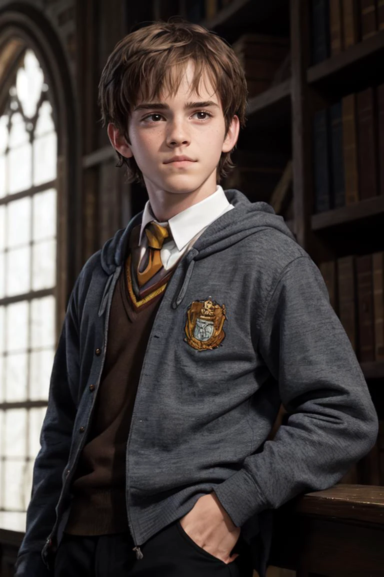 GS-Masculine, AS-YoungV2, age 20, 1boy, skswoman as a , genderswap, genderswap \(ftm\), short hair, messy hair, very short hair, brown hair
, 20 years old, hogwarts robes, (harry potter \(series\):0.8) , hermione_ps
, masterpiece, best quality, highly detailed
, RAW photo, high detail, film grain, masterpiece, realistic, solo
<lora:fongletsHermioneGranger_v11:0.3> <lyco:Emma Watson:0.65>