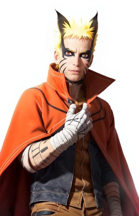 1boy, naruto_baryon, Evil, hand_bandages, face_markings, whole_body, white_background, simple_background, red orange outfit, glow, cape, solo, standing, <lora:Baryon Mode Naruto:0.8>, <lora:add_detail:0.5>,