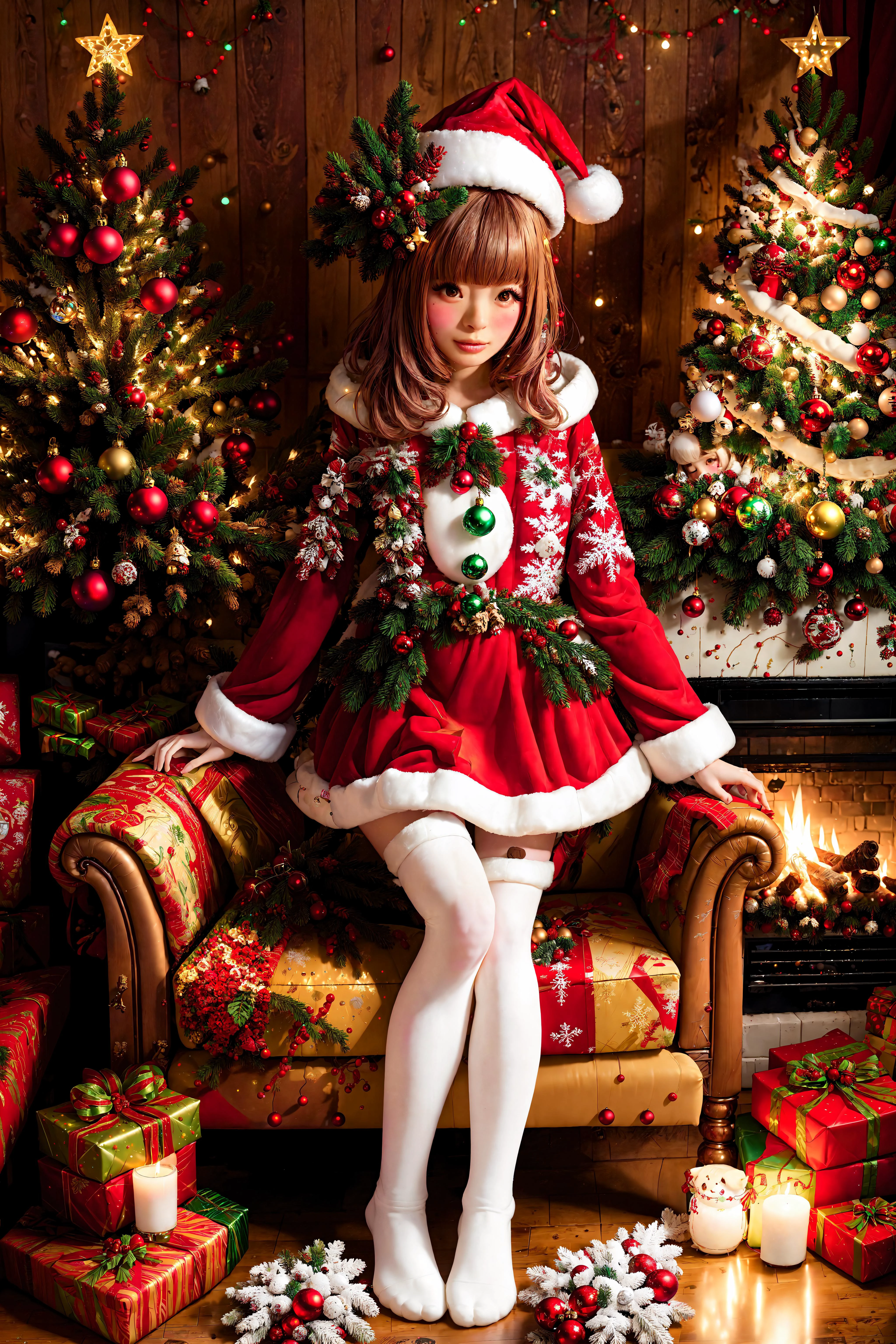 <lora:PamyurinV2:0.8> pamyurin, 1girl, fake eyelashes, long eyelashes, blush, Christmas, christmas tree, christmas lights, cute, sofa, fireplace, cocoa, inside, santa hat, santa costume, 1girl, full body, white pantyhose, bob hairstyle, colorful hair, <lora:detail_slider_v4:4> <lora:fashion:0.7> <lora:add_detail:0.3> <lora:colorize:0.7> <lora:zoom_slider_v1:-7>