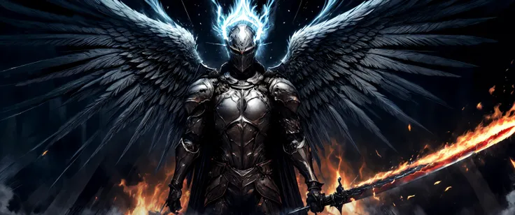 Movie Poster, (armored knight:1.2) [metal|man|machine|shadow], intense magic flame, massive wings, angelic halo,
, (flaming sword:1.2)
, <lora:Dark_Angel_Base_preview_V1:0.6> <lora:add_detail:0.9> <lora:AngelicAI:0.45> <lyco:spawn-000020:0.55>