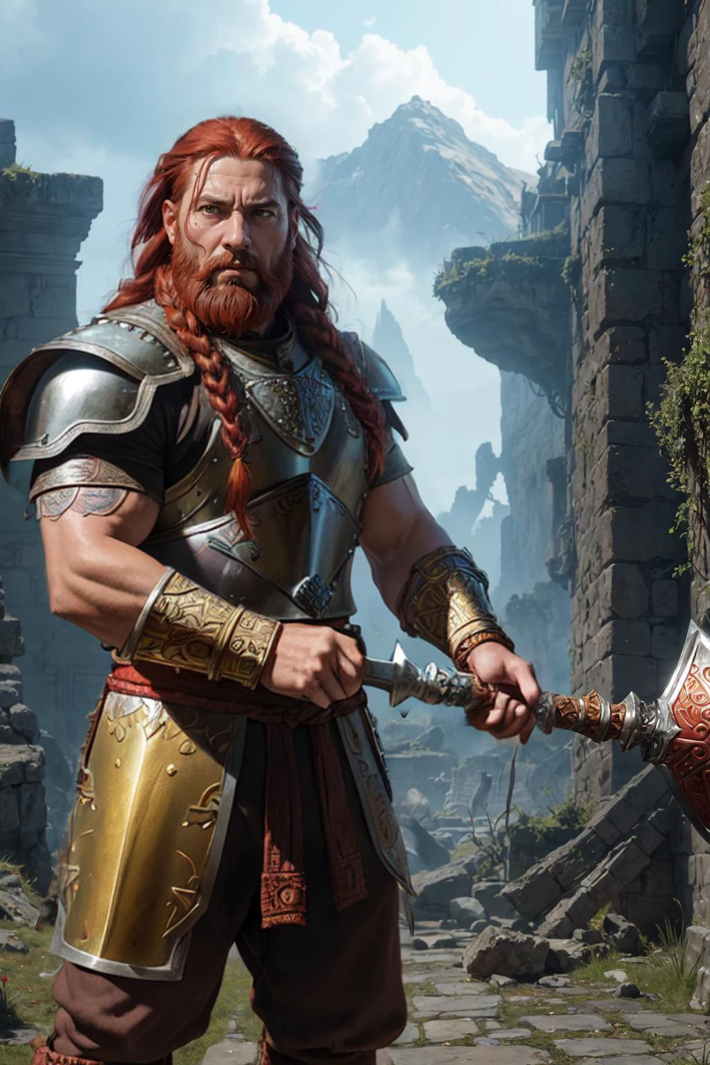 (close-up:1.4), (short man:1.2), side-view stylized graphic novel illustration of middle-aged (dwarven warrior:1.4) (swinging a greataxe:1.3), (very long braided detailed red_hair, long braided red beard:1.3), (golden plate mail armor with silver and red filagree detailed intricate accents:1.3), (rage expression:1.2), (giant magical greataxe:1.2), 1boy, face, half body, body, (brown_eyes:1.4), (ripped:1.1), (fantasy RPG ruins in the background:1.2), fantasy concept art, matte painting, style by Michelangelo and Alessandro Casagrande and Greg Rutkowski and Sally Mann and jeremy mann and sandra chevrier and maciej kuciara, inspired by gimli:1.103) and (Dwayne Johnson:1.002) and(sam elliot:1.001)