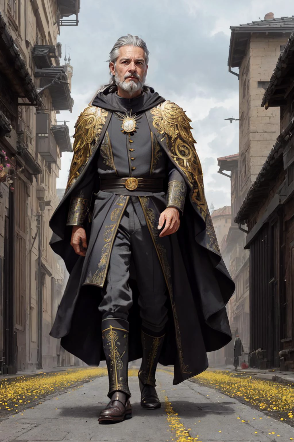 full body, walking pose, slow motion, (human archmage:1.2) 50-year old male human archmage wearing black and gold robes (expensive cloth clothing:1.2), (fine intricate fillagree black and gold cloak), (cloth mage robe outfit:1.2), (insanely detailed, bloom:1.5), (analog:1.2), (high sharpness), (detailed pupils:1.1), (painting:1.1), (digital painting:1), detailed face and eyes, Masterpiece, best quality, (highly detailed photo:1.1), 8k, photorealistic, long dark grey hair, long grey beard, (grey hair highlights:1.3), ecstatic:1.1), (small stubble:1.1), (50-year old french male:1.1), sharp, (perfect body:1.1), realistic, real shadow 3d, (highest quality), (concept art, 4k), (fantasy metropolis in backgound:1.2), by Michelangelo and Alessandro Casagrande and Greg Rutkowski and Sally Mann and jeremy mann and sandra chevrier and maciej kuciara