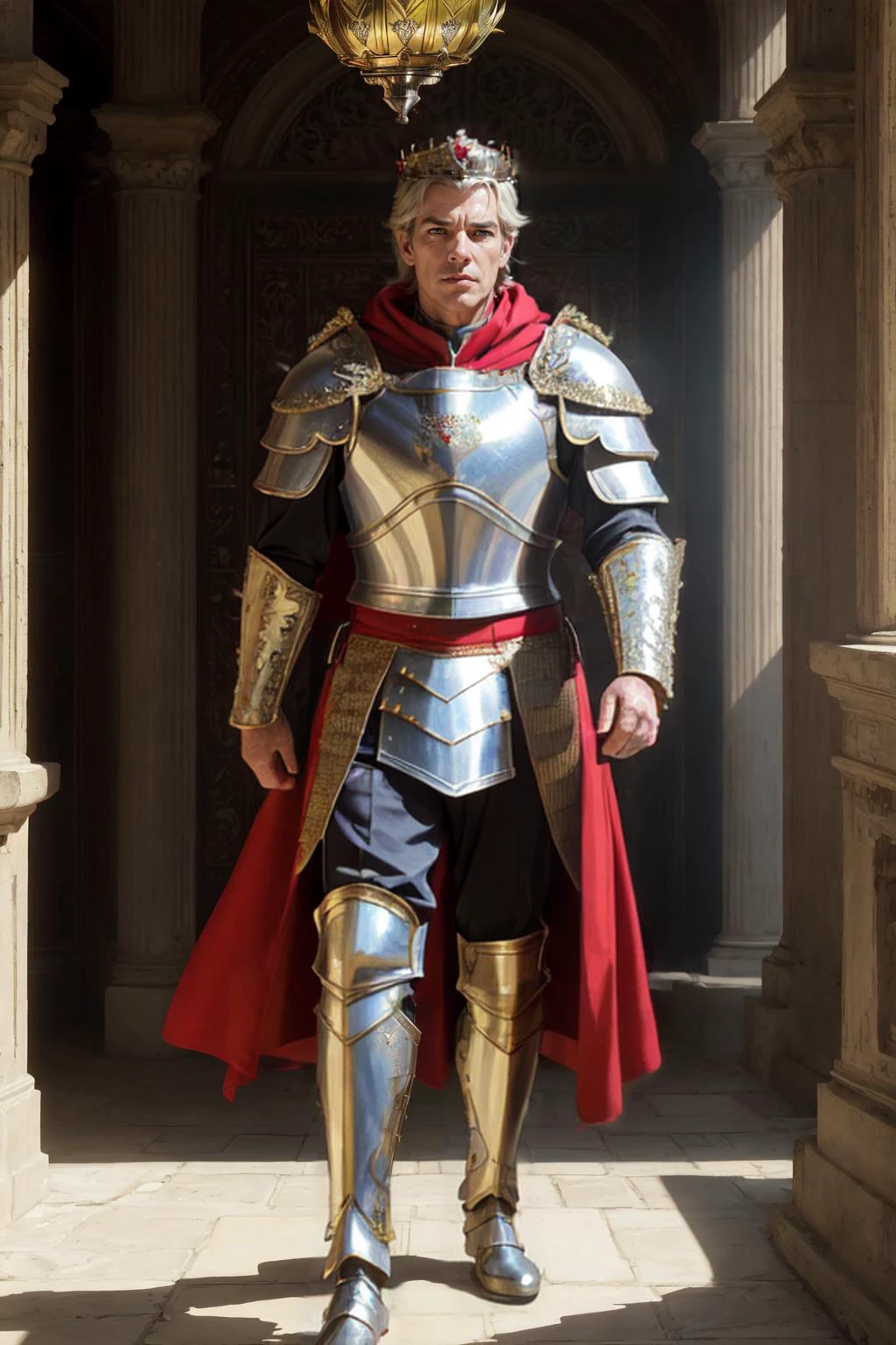 full body, walking pose, slow motion, (majestic human fighter:1.2) male human king wearing armor (plate mail armor :1.2), (perfect red cloak, jeweled crown), (crown:1.3), (royal plate mail armor :1.2), (insanely detailed, bloom:1.5), (analog:1.2), (high sharpness), (detailed pupils:1.1), (painting:1.1), (digital painting:1), detailed face and eyes, Masterpiece, best quality, (highly detailed photo:1.1), 8k, photorealistic, short blonde hair, ecstatic:1.1), (small stubble:1.1), (50 year old British male:1.1), sharp, (perfect body:1.1), realistic, real shadow 3d, (highest quality), (concept art, 4k), (fantasy metropolis in backgound:1.2), by Michelangelo and Alessandro Casagrande and Greg Rutkowski and Sally Mann and jeremy mann and sandra chevrier and maciej kuciara, inspired by (pierce brosnan:1.001) and (sam neil:1.001) and (jeremey irons:1.001)