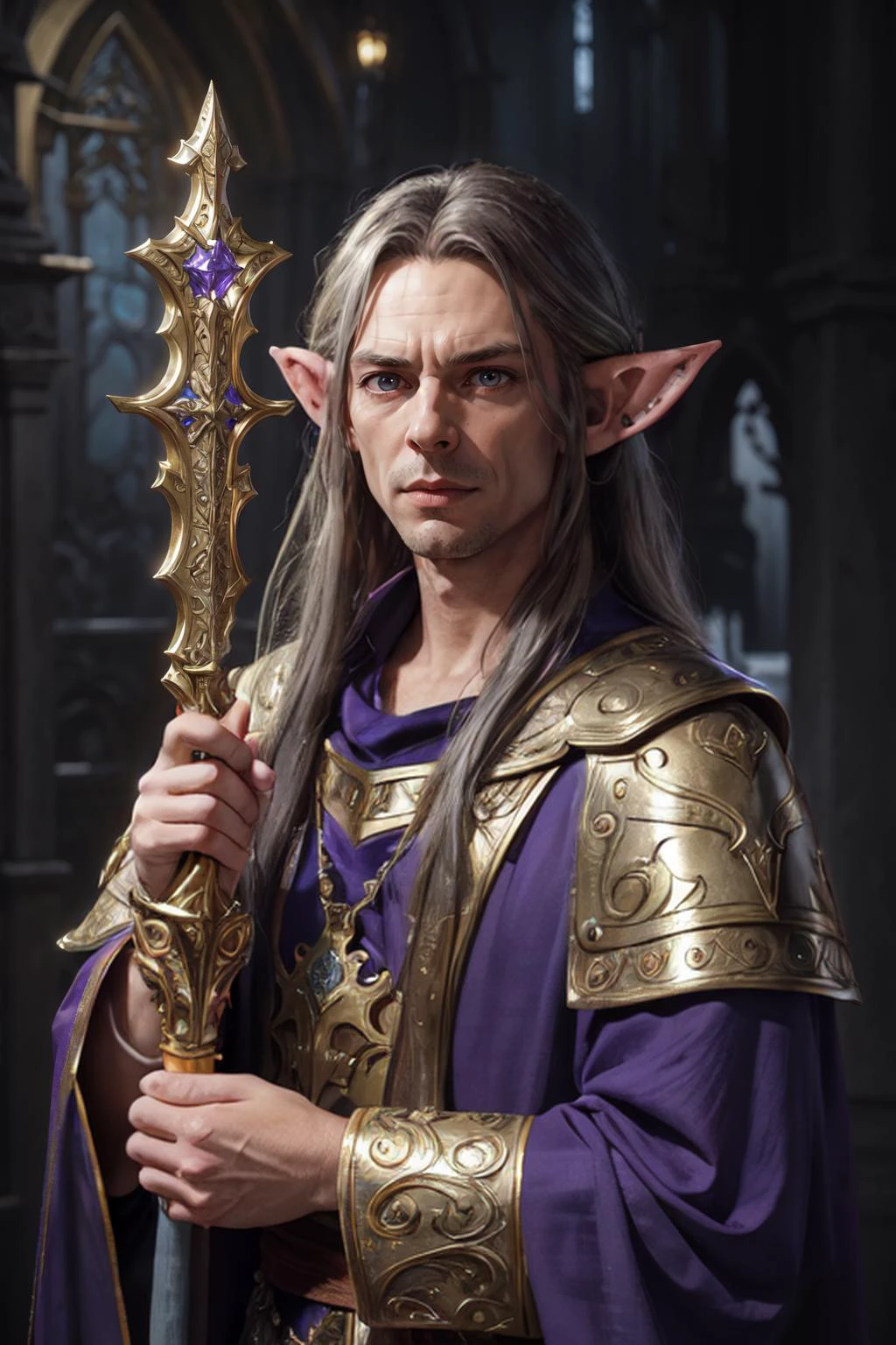 close-up, walking pose, slow motion, 1boy, (male elven cleric:1.2) male elven priest wearing blue and purple robes (majestic divination cloth armor:1.2), (third eye, dieadem), (holy vestments, fillagree, gold and purple:1.2), (insanely detailed, bloom:1.5), (analog:1.2), (high sharpness), (detailed pupils:1.1), (painting:1.1), (digital painting:1), detailed face and eyes, Masterpiece, best quality, (highly detailed photo:1.1), 8k, photorealistic, very long straight grey and black hair, grey streaks, ecstatic:1.1), (elven ears:1.3), (60-year old British male:1.1), sharp, (older body:1.1), wimpy, realistic, real shadow 3d, (highest quality), (concept art, 4k), (elven marble shrine in backgound:1.2), by Michelangelo and Alessandro Casagrande and Greg Rutkowski and Sally Mann and jeremy mann and sandra chevrier and maciej kuciara, inspired by inspired by (Jason Isaacs:1.101)