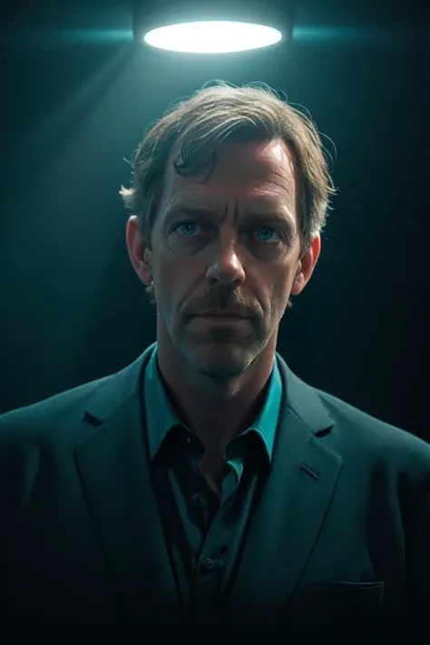portrait of a award winning photo of hugh laurie posing in a dark studio, (rim lighting,:1.4) two tone lighting, sharp focus, teal hue, octane, unreal, dimly lit, low key, <lora:epiNoiseoffset_v2:1>