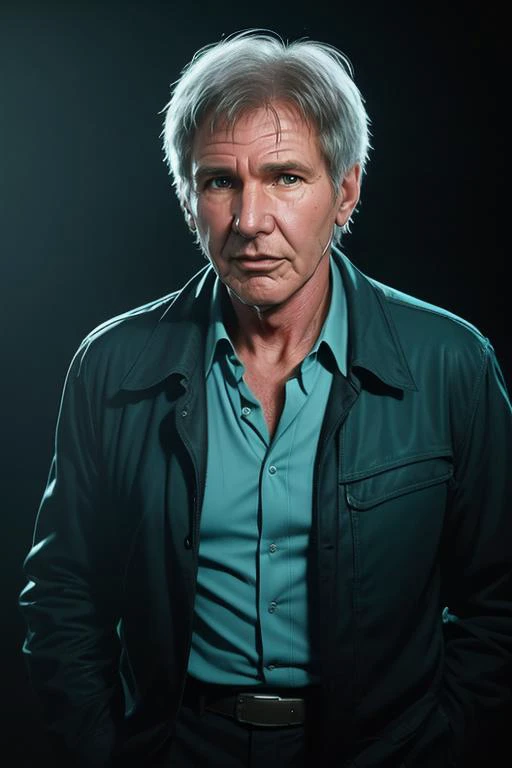 portrait of a award winning photo of Harrison Ford posing in a dark studio, (rim lighting,:1.4) two tone lighting, sharp focus, teal hue, octane, unreal, dimly lit, low key, <lora:epiNoiseoffset_v2:1>