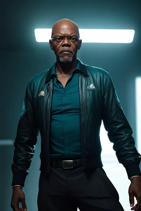 portrait of a award winning photo of Samuel L. Jackson posing in a dark studio, (rim lighting,:1.4) two tone lighting, sharp focus, teal hue, octane, unreal, dimly lit, low key, <lora:epiNoiseoffset_v2:1>