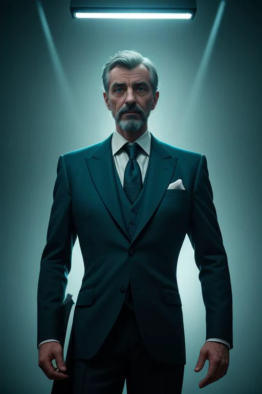 portrait of a award winning photo of a distinguished gentleman man posing in a dark studio, (rim lighting,:1.4) two tone lighting, sharp focus, teal hue, octane, unreal, dimly lit, low key, <lora:epiNoiseoffset_v2:1>