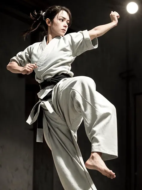 a girl, karate gi
, kicking, doing a flying kick, fighting stance, jumping, martial arts magazine 
BREAK
, natural skin texture, 24mm, 4k textures, soft cinematic light, adobe lightroom, photolab, hdr, intricate, elegant, highly detailed, sharp focus, ((((cinematic look)))), soothing tones, insane details, intricate details, hyperdetailed, low contrast, soft cinematic light, dim colors, exposure blend, hdr, faded, realistic, RAW