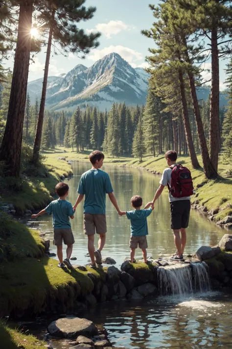 (masterpiece, best quality:1.4), (beautiful, aesthetic, perfect, delicate, intricate:1.2),((best quality)), ((masterpiece)), (detailed), (high-resolution:1.2)
3boys, looking back, splashing, playing, family, tall trees, pine, mountainside, small stream, cute art
<lora:more_details:0.5>
