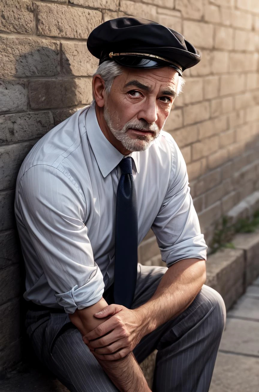 HDR, 8K resolution, intricate detail, sophisticated detail, depth of field, photorealistic, sharp focus, (1man), (male:1.2), wrinkled face, (middle-aged:1.2), aged up, finely detailed eyes and face, toned body, frail appearance, the physical toll of aging, sense of authority and wisdom, sun-kissed skin, leaning against a wall with one hand on chin, gray pinstripe suit, white dress shirt, solid gray tie, black cap-toe shoes, <lora:add_detail:0.85>,