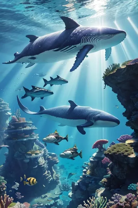 Photo, (underwater, giant whale, fantastic location, dream, flying, underwater cyberpunk city, sun rays), masterpiece, award winning photography, natural light, perfect composition, high detail, hyper realistic