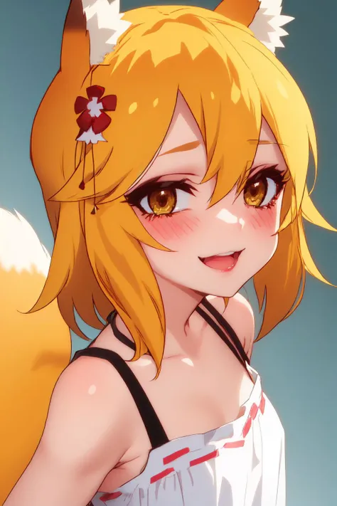 masterpiece, best quality, 1girl, solo,
detailed face, face focus, <lora:add_detail:0.2>,
<lora:multisenk2:0.7>, senko-san, cute anime foxgirl, small breasts, red_flower, hair ornament, blonde hair, hair flower, hair_between_eyes, foxtail, aniaml_ear_fluff, sleepwear,
small breasts, makeup, long eyelashes, mascara, looking at viewer, lips, smile, relaxed, curvy, upper body, blush, beautiful girl, kind girl,
<lora:eExpressions2:0.8>, eexpr,