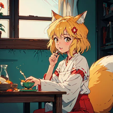 (masterpiece), (best quality), highres, ultra detailed, senko-san miko, 1girl, sitting , animal ears, short hair, blonde hair, slender figure, priestess outfit, red flower in hair, table, table, food, feeding the viewer, approaching the viewer, over the table,
<lora:80'sFusion:0.7>, <lora:LoraSenkoSanMultiple_multisenkoV06:0.6>