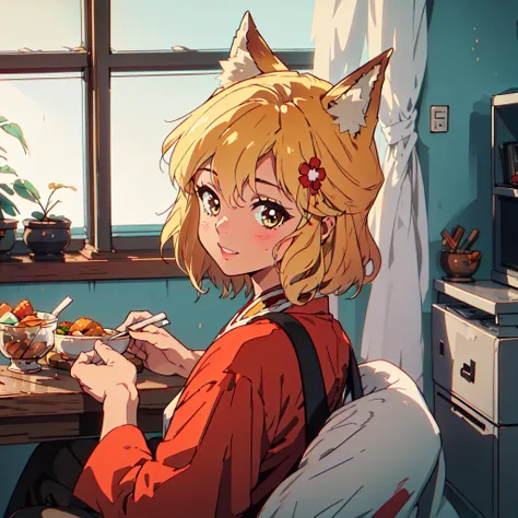 (masterpiece), (best quality), highres, ultra detailed, senko-san miko, 1girl, sitting , animal ears, short hair, blonde hair, slender figure, priestess outfit, red flower in hair, table, table, food, feeding the viewer, approaching the viewer, over the table,
<lora:80'sFusion:0.7>, <lora:LoraSenkoSanMultiple_multisenkoV06:0.6>