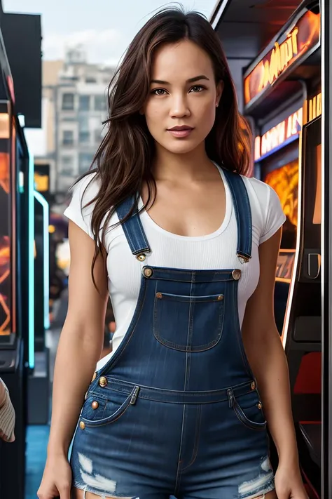 photo of extremely sexy (n1colenadine:0.99), a woman as a movie star, modelshoot style, (extremely detailed CG unity 8k wallpaper), photo of the most beautiful artwork in the world, professional majestic oil painting by Ed Blinkey, Atey Ghailan, Studio Ghibli, by Jeremy Mann, Greg Manchess, Antonio Moro, trending on ArtStation, trending on CGSociety, Intricate, High Detail, Sharp focus, dramatic, photorealistic painting art by midjourney and greg rutkowski, (sxexy denim overalls:1.2), ((standing near a videogame arcade:1.2)), (crowded street), (looking at viewer:1.2), (detailed pupils:1.3), (modern outfit:1.2), (closeup portrait:1.3)