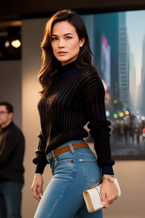photo of (n1colenadine:0.99), a woman as a movie star, modelshoot style, (extremely detailed CG unity 8k wallpaper), photo of the most beautiful artwork in the world, professional majestic oil painting by Ed Blinkey, Atey Ghailan, Studio Ghibli, by Jeremy Mann, Greg Manchess, Antonio Moro, trending on ArtStation, trending on CGSociety, Intricate, High Detail, Sharp focus, dramatic, photorealistic painting art by midjourney and greg rutkowski, (sexy knitted sweater), (long jeans:1.2), ((movie premiere)), ((standing near a movie theater)), ((paparazzi in the background)), (looking at viewer:1.2), (detailed pupils:1.3), (modern outfit:1.2), (closeup portrait:1.2)