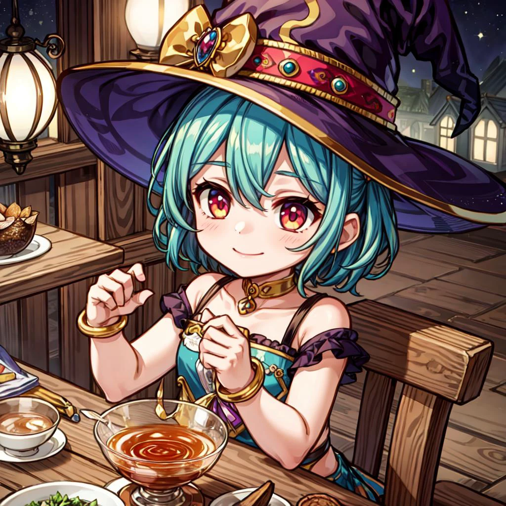 ((masterpiece, best quality)), ((style-swirlmagic):0.3),
(chibi:0.5), 1girl, witch tea party, wooden table , cute, happy, vibrant, colorful, fantasy,
<lora:more_details:0.5>