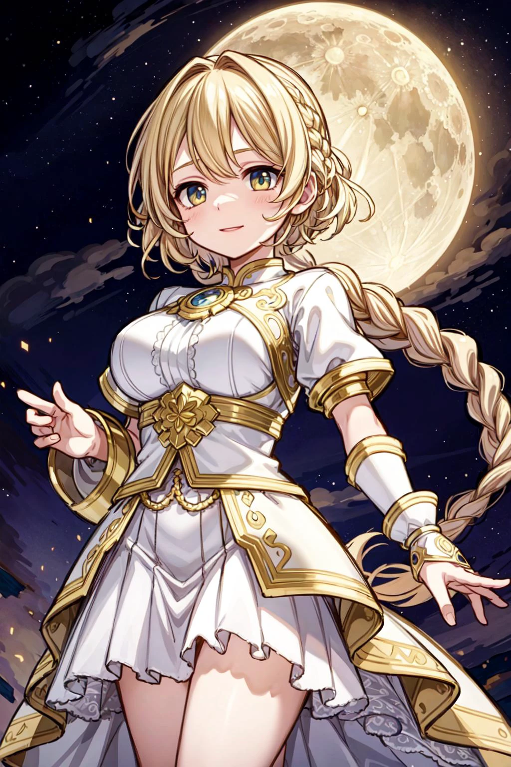 ((best quality, masterpiece)), ((style-swirlmagic):0.5)
1girl, white and gold armor, blonde braided hair, moon light , ((full moon):0.5), outdoor, clouds on background,fantasy, medieval, castle on background
<lora:more_details:0.5>