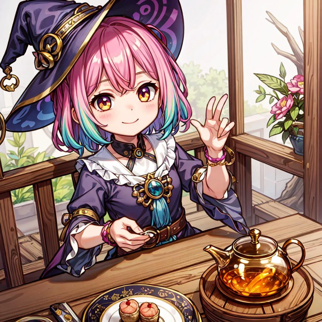 ((masterpiece, best quality)), ((style-swirlmagic):0.3),
(chibi:0.5), 1girl, witch tea party, wooden table , cute, happy, vibrant, colorful, fantasy,
<lora:more_details:0.5>