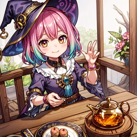 ((masterpiece, best quality)), ((style-swirlmagic):0.3),
(chibi:0.5), 1girl, witch tea party, wooden table , cute, happy, vibrant, colorful,  fantasy,
<lora:more_details:0.5>