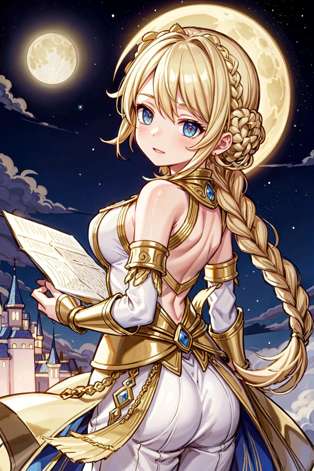 ((best quality, masterpiece)), ((style-swirlmagic):0.5)
1girl, white and gold armor, blonde braided hair, moon light , ((full moon):0.5), outdoor, clouds on background,fantasy, medieval, castle on background
<lora:more_details:0.5>