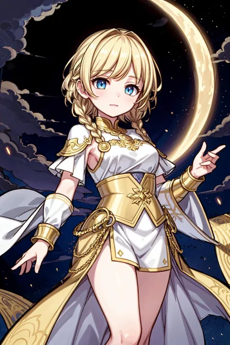 ((best quality, masterpiece)),  ((style-swirlmagic):0.5)
1girl, white and gold armor, blonde braided hair, moon light , ((full moon):0.5),  outdoor, clouds on background,fantasy, medieval, castle on background
<lora:more_details:0.5>