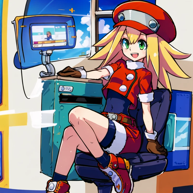 ((best quality, masterpiece)), 1girl, solo, indoors, computer, monitor, gaming chair, <lora:Roll Caskett:1>, Masterpiece, Best quality, 4k resolution, beautiful eyes, Roll Caskett, flat chest, roll caskett, 1girl,full body, solo, hat, gloves, smile, bike shorts, blonde hair, green eyes, belt, open mouth, red shorts, red headwear, shorts, long hair, brown gloves, red footwear, leg up, standing, small breasts, sitting, gaming, playing games, mouse \(computer\), keyboard \(computer\), shoes, short sleeves, :d, eyebrows visible through hair, undershirt