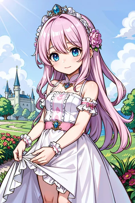 ((best quality, masterpiece)),
1girl, princess pink dress, flowers, white messy hair,  outdoor, clouds on background,fantasy, medieval, castle on background
<lora:more_details:0.15>