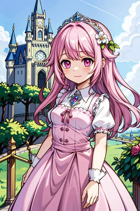 ((best quality, masterpiece)),
1girl, princess pink dress, flowers, white messy hair,  outdoor, clouds on background,fantasy, medieval, castle on background
<lora:more_details:0.15>