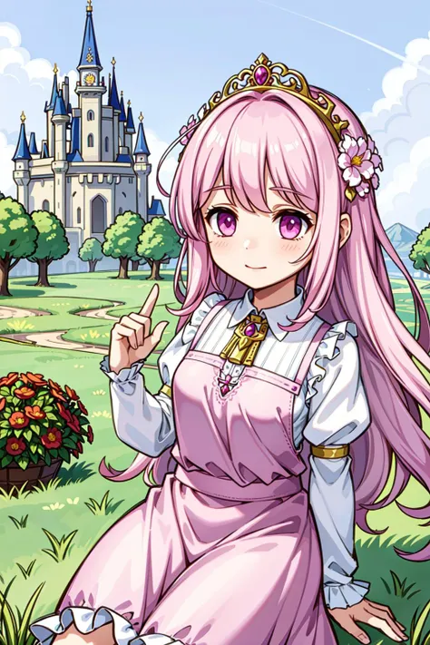 ((best quality, masterpiece)),
1girl, princess pink dress, flowers, white messy hair,  outdoor, clouds on background,fantasy, medieval, castle on background
<lora:more_details:0.15>