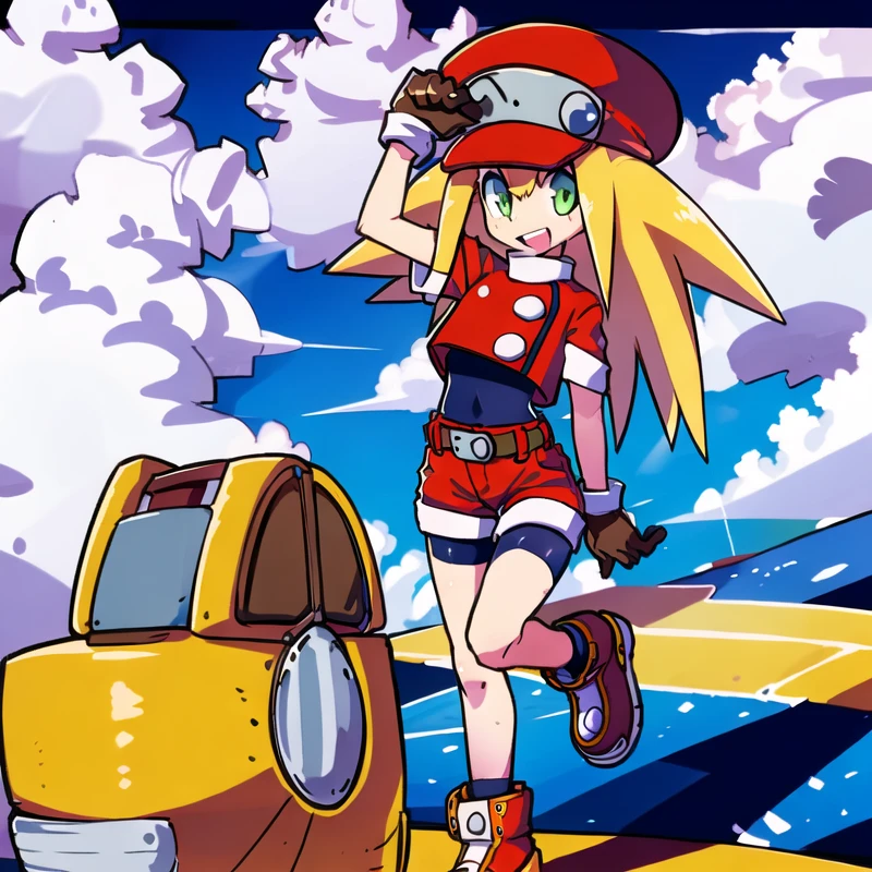 ((best quality, masterpiece)), 1girl, solo, flowers, outdoor, clouds on background,fantasy, medieval, <lora:Roll Caskett:1>, Masterpiece, Best quality, 4k resolution, beautiful eyes, Roll Caskett, flat chest, roll caskett, 1girl, full body, solo, hat, gloves, smile, bike shorts, blonde hair, green eyes, belt, open mouth, holding, red shorts, red headwear, shorts, long hair, brown gloves, red footwear, leg up, standing, looking at viewer, small breasts, standing on one leg, shoes, short sleeves, :d, eyebrows visible through hair, undershirt