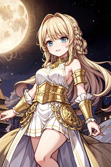 ((best quality, masterpiece)),  ((style-swirlmagic):0.5)
1girl, white and gold armor, blonde braided hair, moon light , ((full moon):0.5),  outdoor, clouds on background,fantasy, medieval, castle on background
<lora:more_details:0.5>