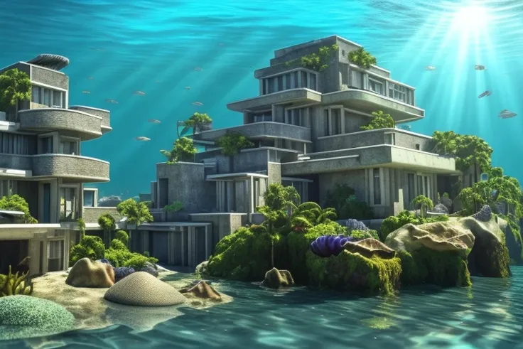 +dvArchModern style, underwater city, house, submerged, green ocean water, fossils, underwater ruins, photorealistic, hyperrealistic, 4k, shadows, depth, volumetric light, dramatic light, diffused light, desaturated, low contrast, hdr, fine details, subtle details, cracks, plants, fish, sun rays, god rays